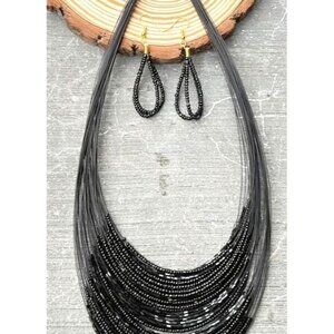 Black Multi-Strand Costume Beaded Necklace & Earrings‎ Set
